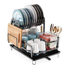 2-Tier Dish Drying Rack (Black w/Drain Tray, approx. 16.6" L x 14.5" D x 13" H)