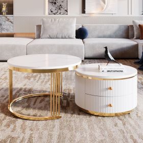 Modern Nesting Coffee Table (27.6", White/Gold w/Drawers)
